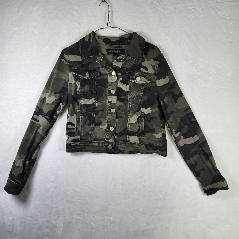 Joujou Womens Camo Denim Jacket Premium Collection Button Up Military Style Sz M